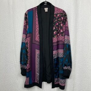 Chico’s Women’s Floral Color Block Open Kimono Jacket sz 2